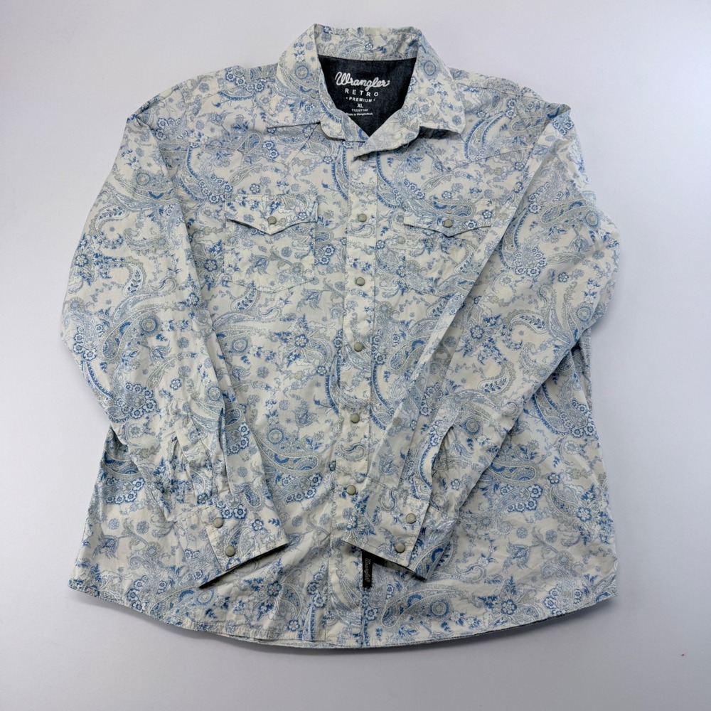 Wrangler Retro Premium Mens XL Blue Paisley Western Pearl Snap Shirt